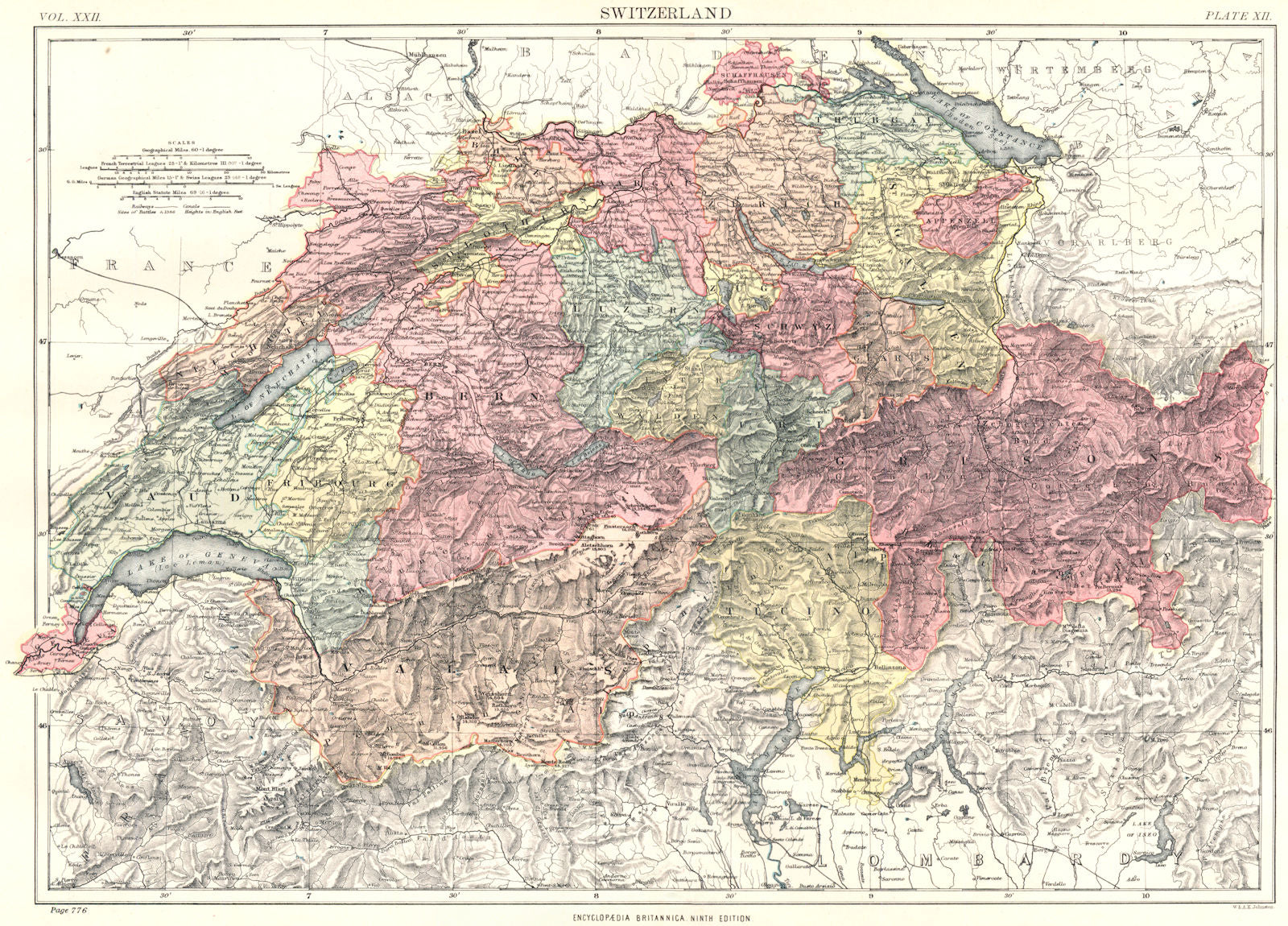 SWITZERLAND. Showing cantons. Britannica 9th edition 1898 old antique map